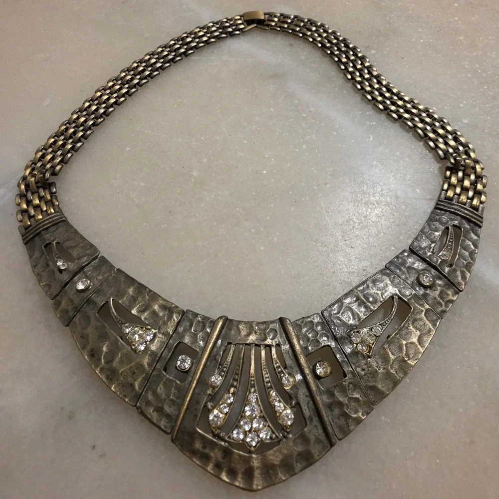 Vintage Art Deco Style Statement Necklace Hammered Metal Crystal Choker - Picture 3 of 12
